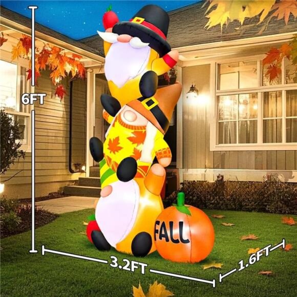 6FT Thanksgiving Inflatables Decorations Blow Up Three Gnomes with Pumpkin - Picture 2 of 7
